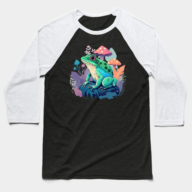 Cottagecore aesthetic frog on Mushroom Baseball T-Shirt by JayD World